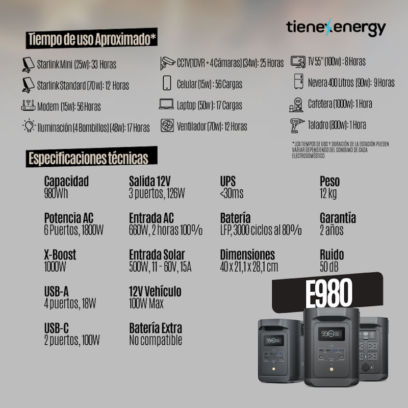 Estación de Energía Portátil EcoFlow DELTA ESENCIAL E980 500W Potencia 980Wh Capacidad