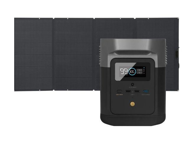 Generador Solar Portátil Ecoflow Delta Max 2016 Wh + Panel Solar 400w vista horizontal y frontal