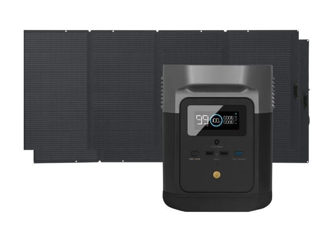 Generador Solar Portátil Ecoflow Delta Max 2016 Wh + Panel Solar 400w vista frontal x dos paneles solares
