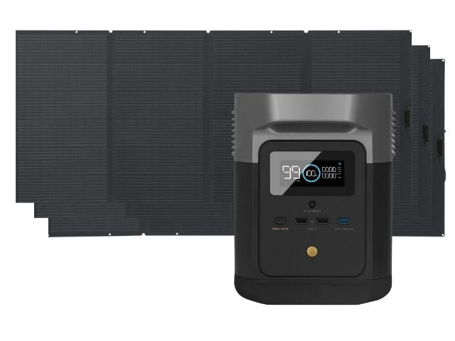 Generador Solar Portátil Ecoflow Delta Max 2016 Wh + Panel Solar 400w vista frontal por tres paneles solares